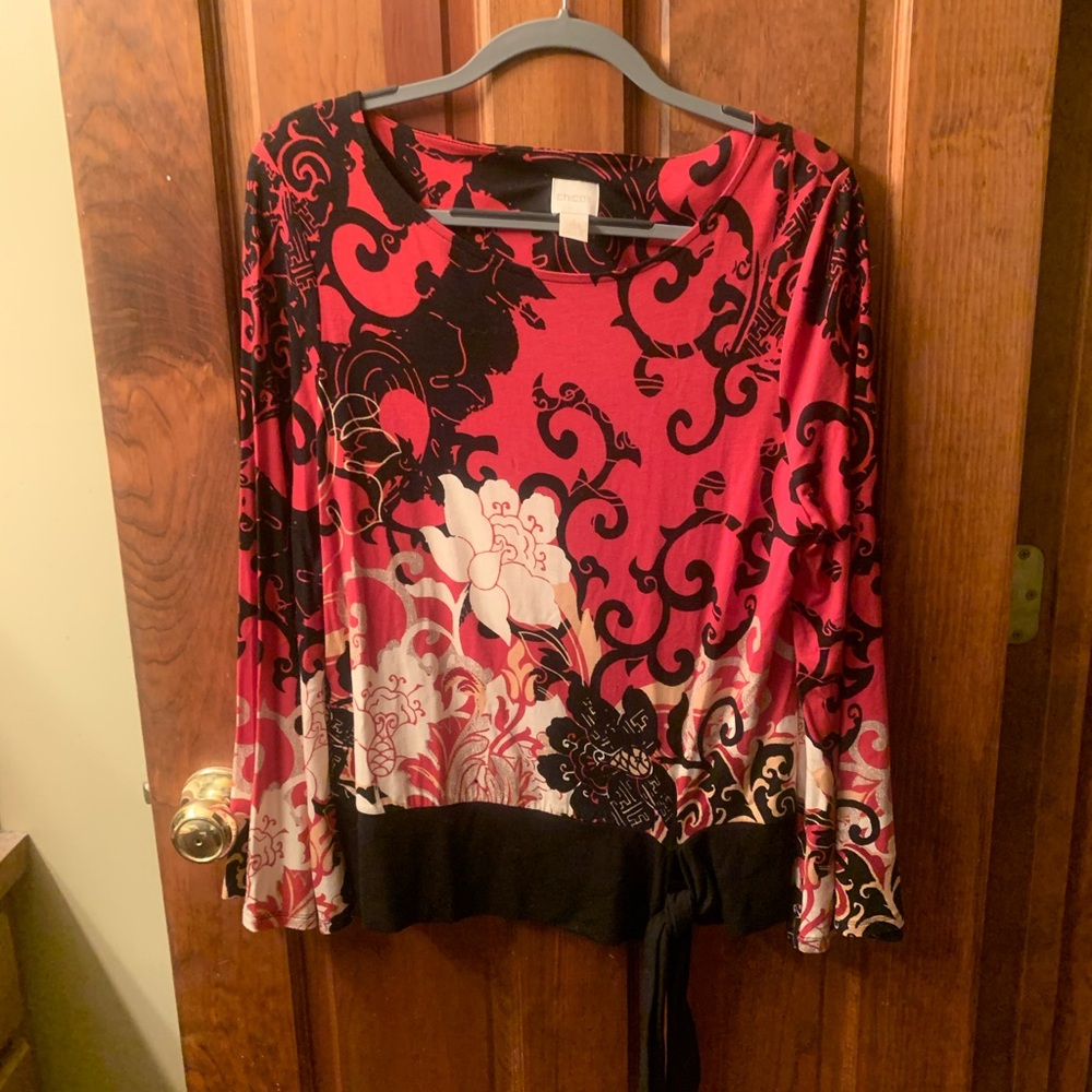 Chico top, long bell sleeves, size 1 or 8-10 medium. RED, BLACK and WHITE floral